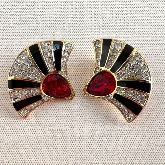 Swarovski Clip On Earrings Red Crystal Fan - Picture 1 of 10
